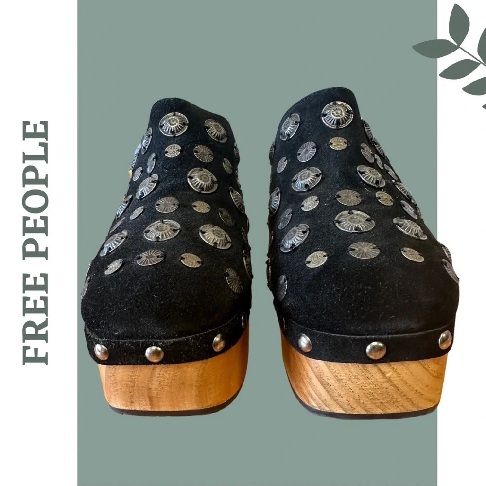 Free People Claudia Wooden Platform Clogs Black Suede Metal Detail Size 41 - Picture 4 of 7